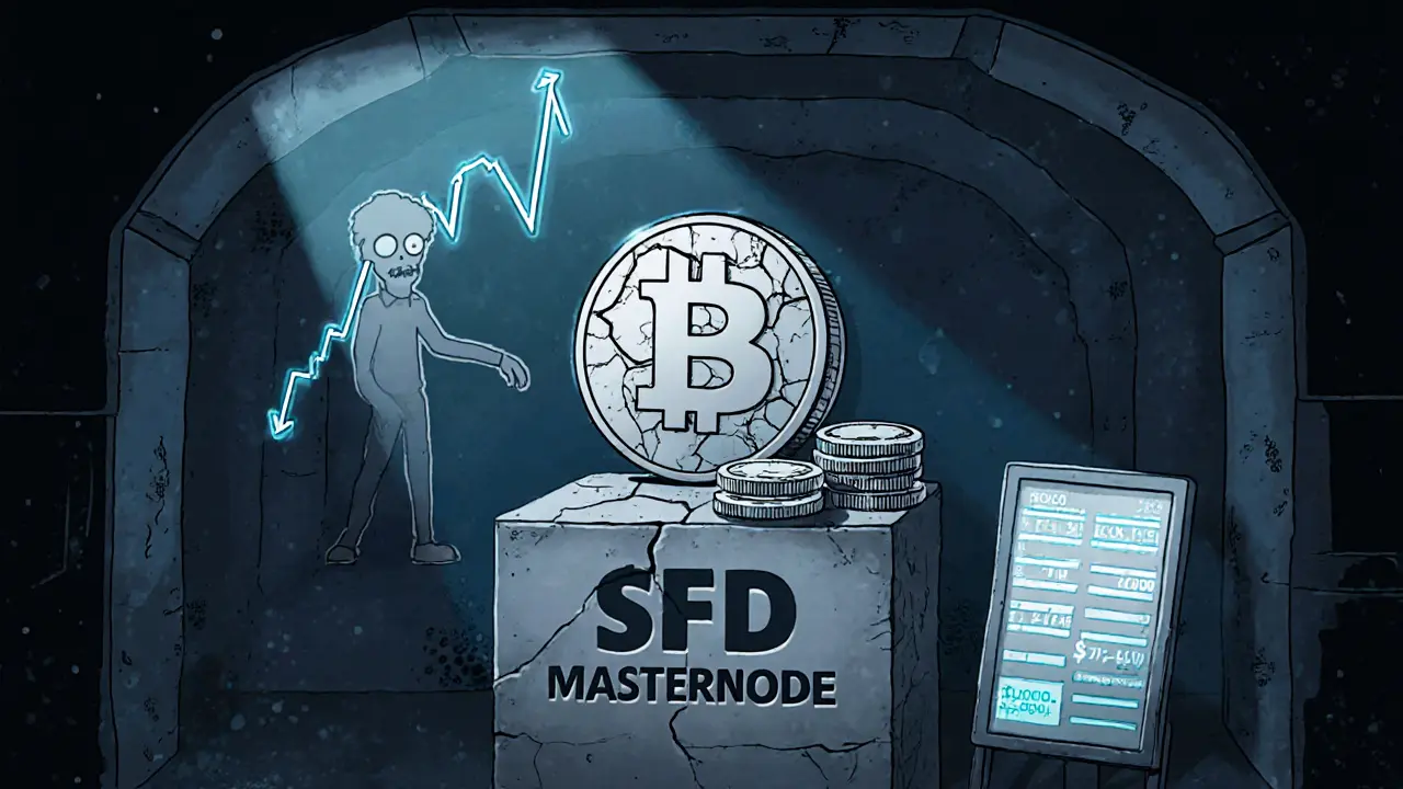 Dusty cracked SFD coin on a pedestal with a zombie silhouette and falling graph.