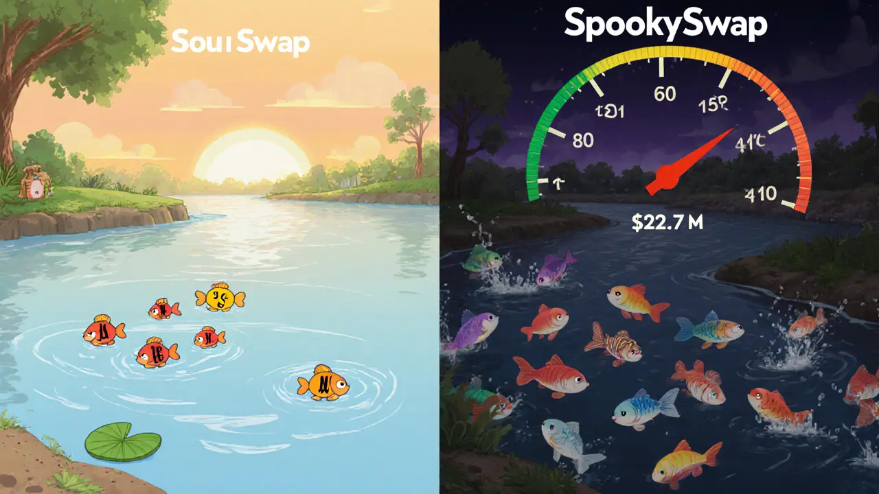 Pixar illustration comparing tiny SoulSwap pond to bustling SpookySwap river, showing token fish and volume gauges.