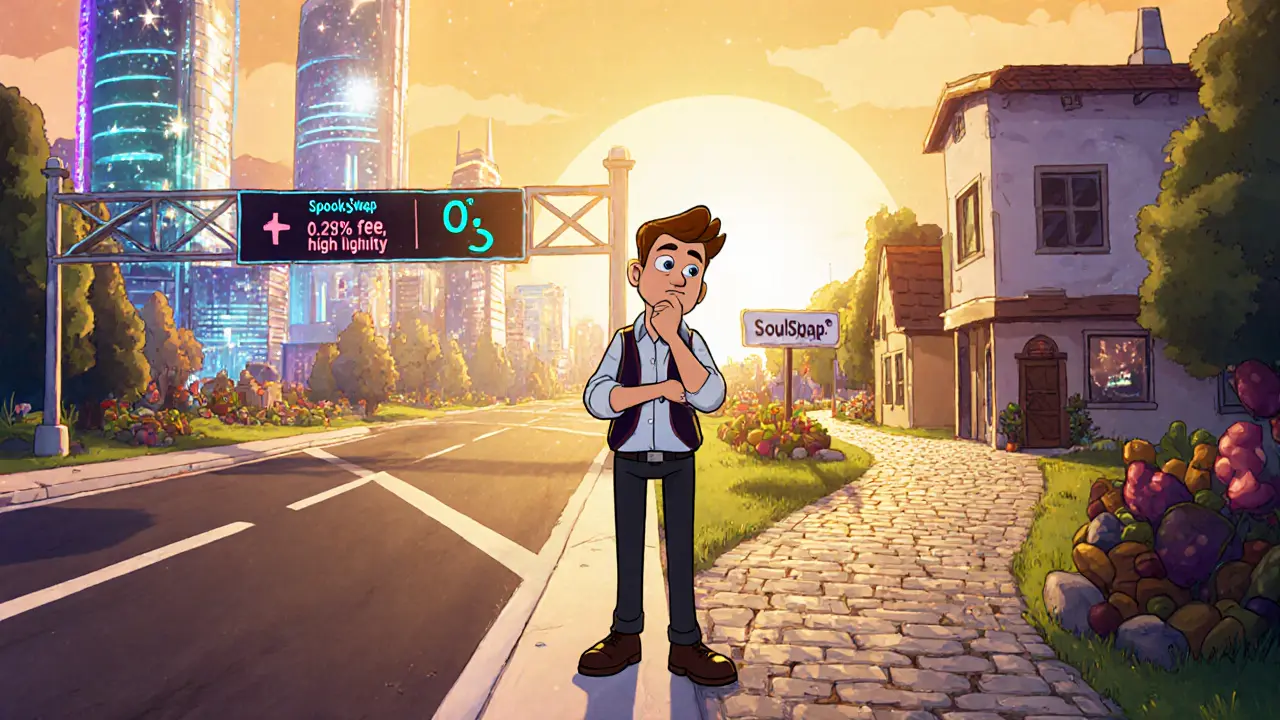 Pixar scene of trader at crossroads choosing between vibrant SpookySwap city and quiet SoulSwap village.