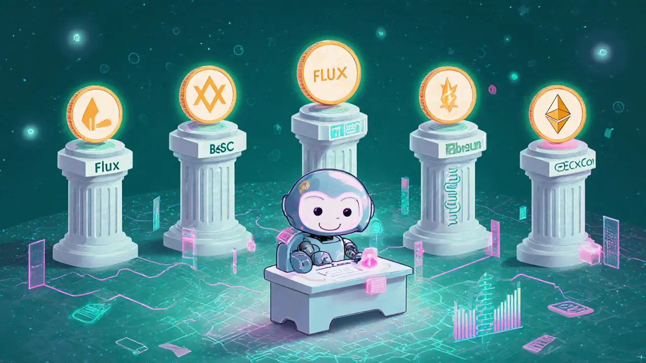 Pixar-style illustration of Flux’s multi-chain lending pillars and a PoUW robot.