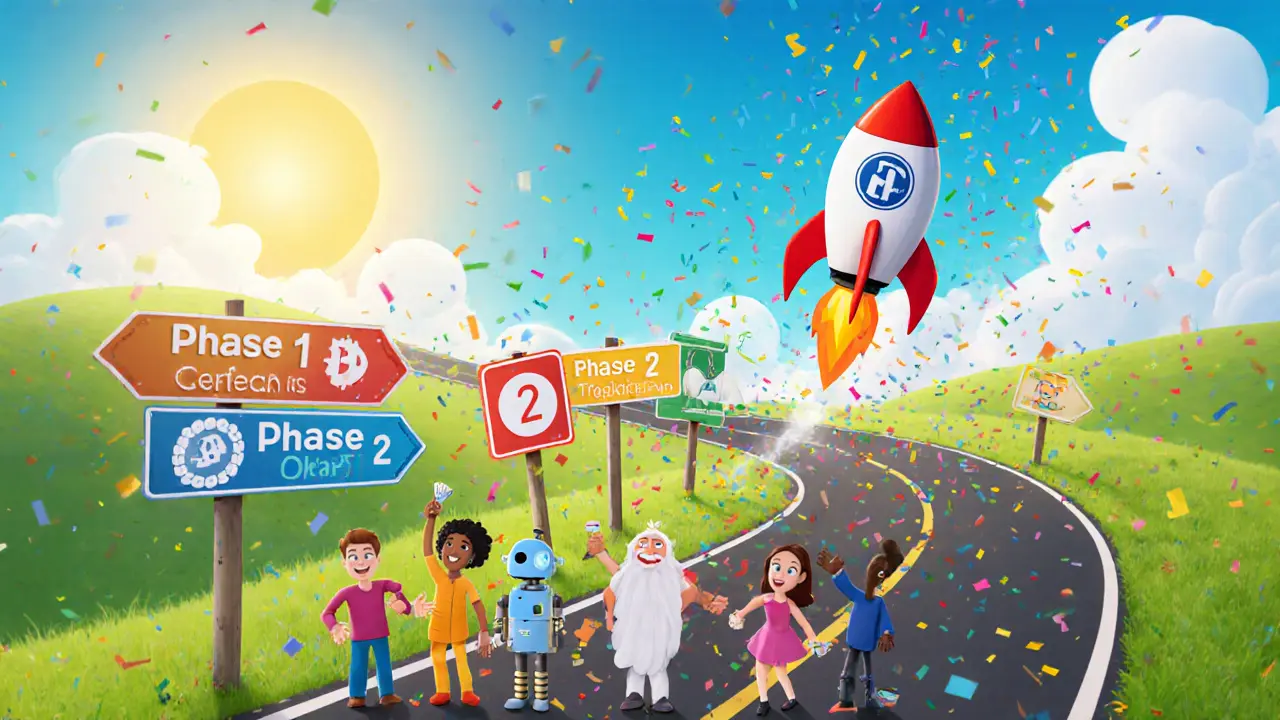 Roadmap road with milestones and a rocket symbolizing token growth.