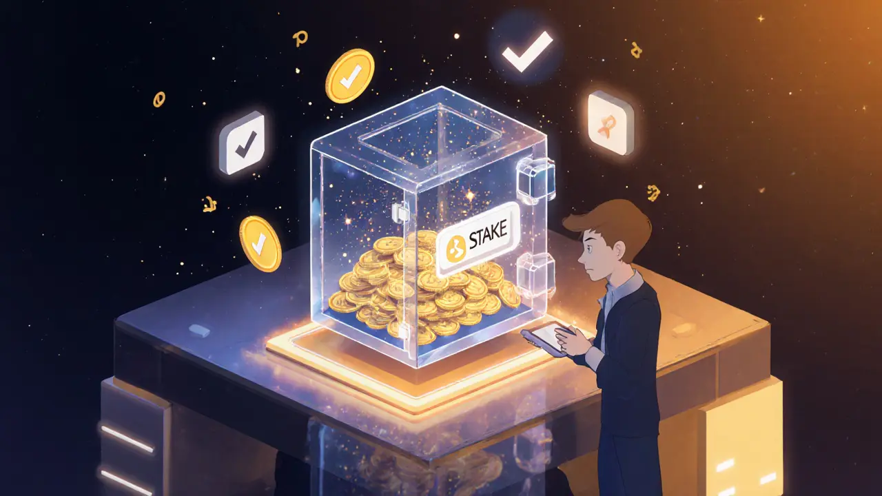 Trader staking glowing AIO tokens in a crystal vault.