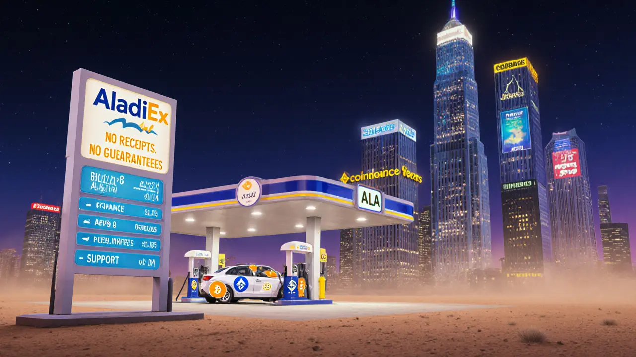 A car refuels at a sketchy gas station labeled &#039;AladiEx&#039; in a digital desert, while trustworthy exchanges loom in the distance.