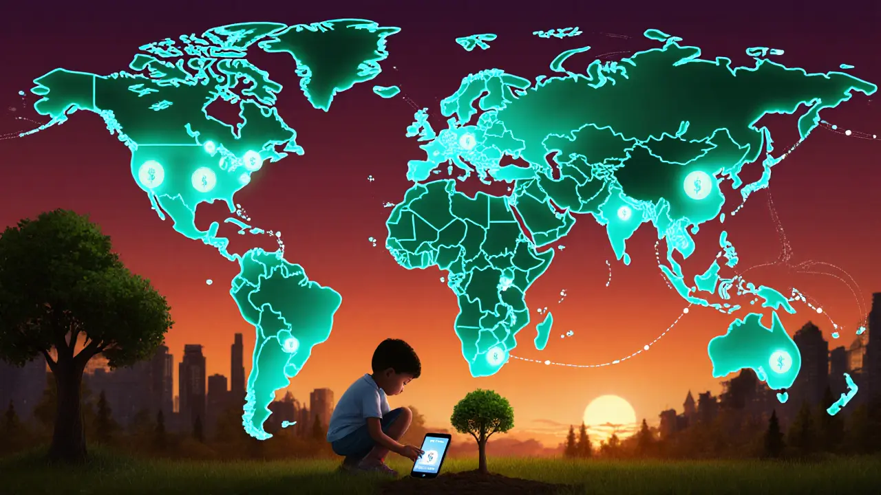 A global map glows with planted trees, linked by tokens flowing from phones to forests across continents.