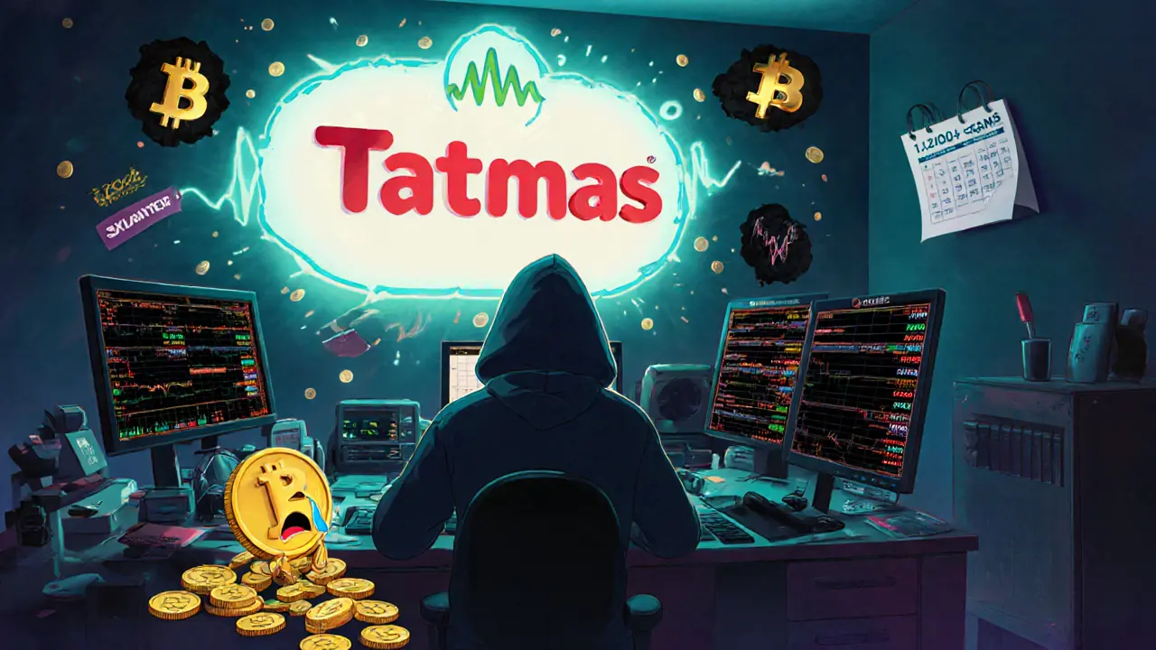A shadowy scammer surrounded by fake trading screens and vanishing crypto coins, with a pulsing &#039;Tatmas&#039; logo on the wall.