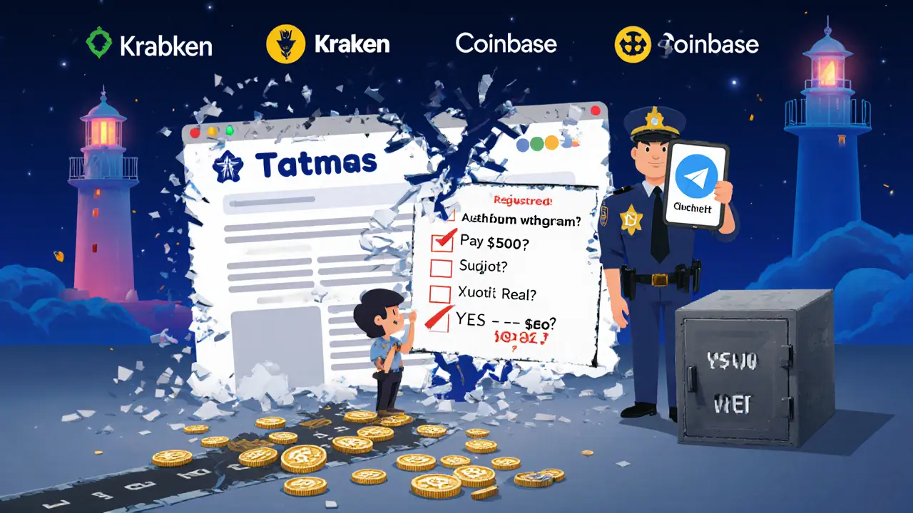 A victim watching their fake exchange dissolve, while a police officer holds up a checklist for safe crypto platforms.