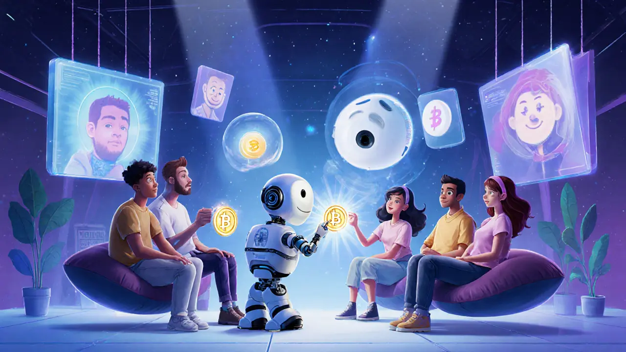 AI robot generates personalized NFT tokens for fans in a futuristic hub.