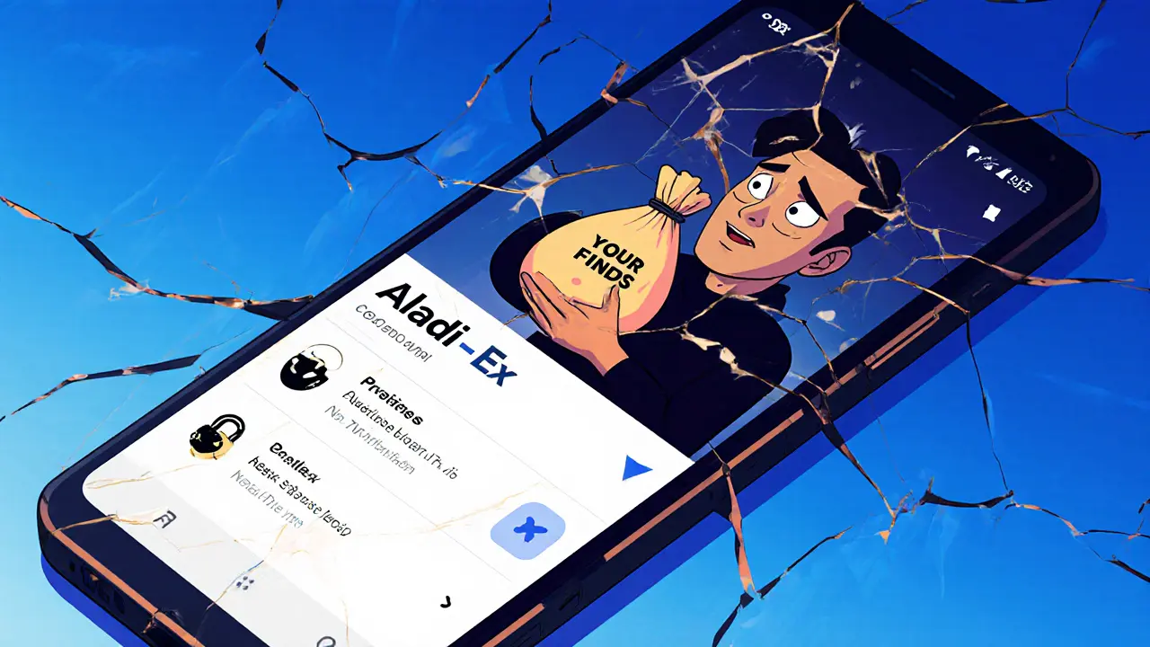 An Android phone shows an insecure crypto app, reflecting a shadowy figure holding stolen coins.