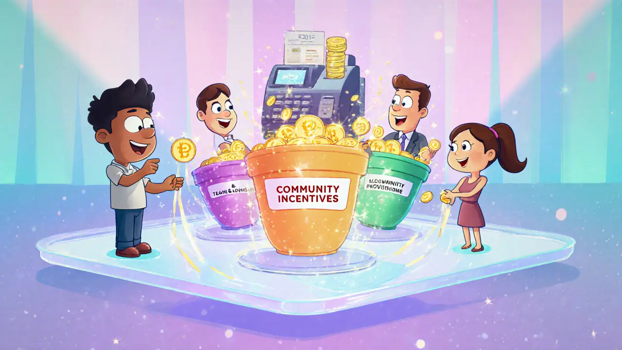 Animated characters place sparkling tokens into five labeled holographic containers showing distribution.