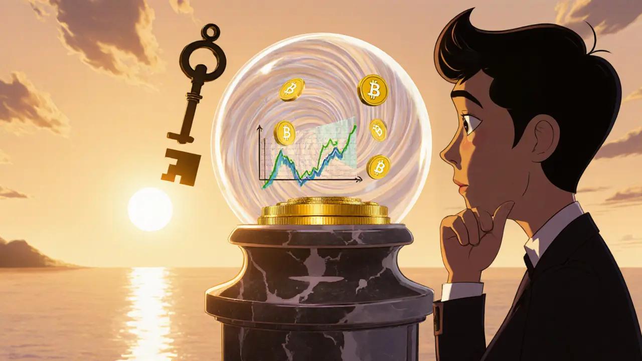 Animated scene of a user viewing a crystal ball showing BEND token staking, TVL graph, and a cautionary oracle key under a sunrise.