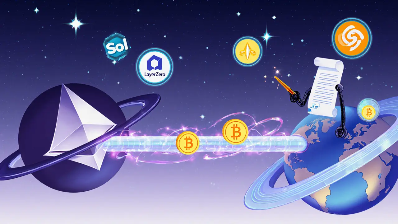 Animated tokens travel across a glowing bridge between Ethereum and Solana planets.