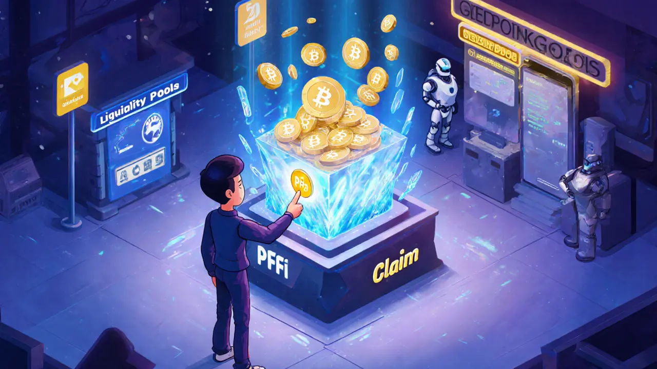 Avatar using a holographic portal to claim PTD tokens, with staking and liquidity stations.