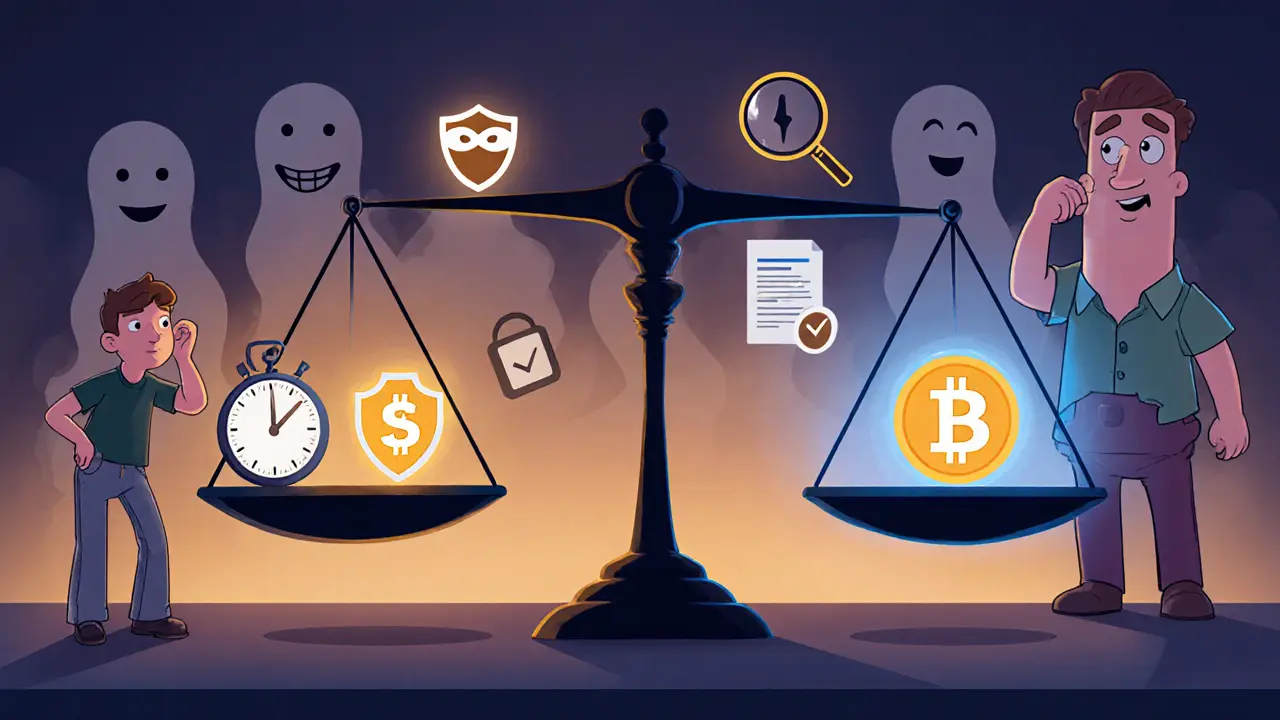 Balance scale compares speed and anonymity against security with a puzzled user watching.