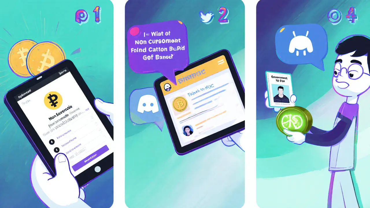 Cartoon avatar preparing for the airdrop: wallet setup, social media, KYC, and claim button.