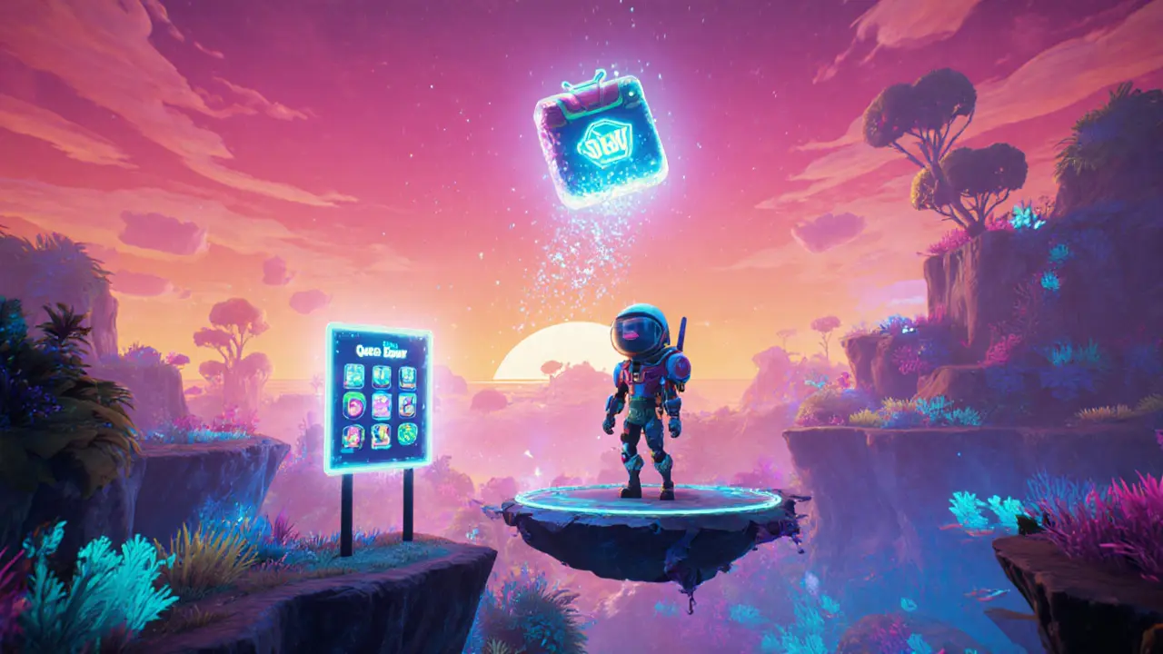 Cartoon avatar receiving a glowing SHILL loot packet in a neon virtual world with a quest board.