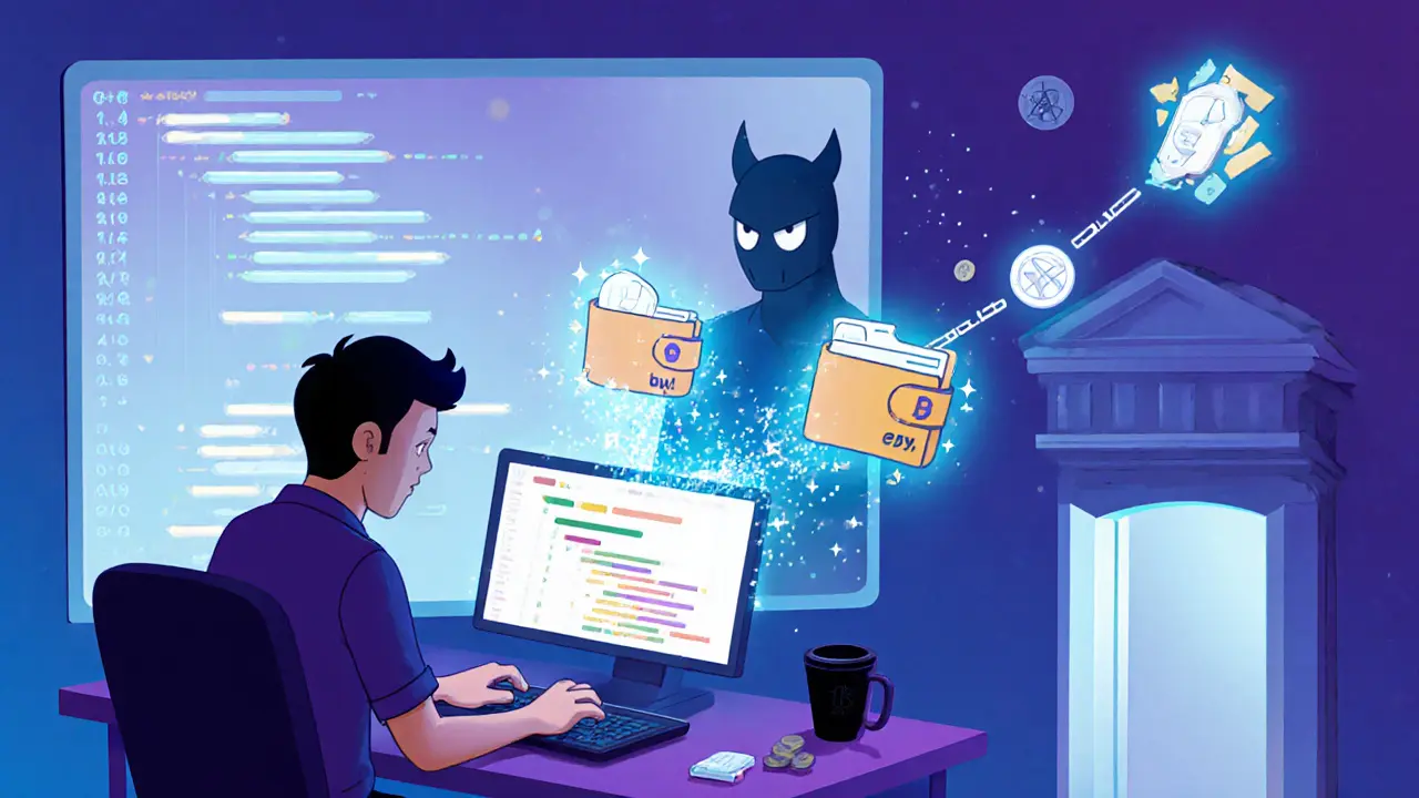Cartoon developer at laptop unknowingly embeds backdoor code that sends crypto keys to hidden wallets.