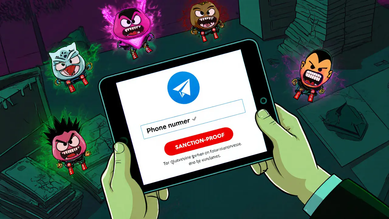Cartoon exchange tablet showing phone login, Telegram logo, and red sanction badges.