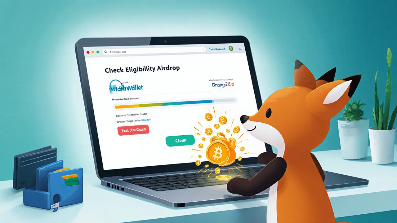 Cartoon fox at a laptop clicking a claim button, with CRING tokens entering a digital wallet.
