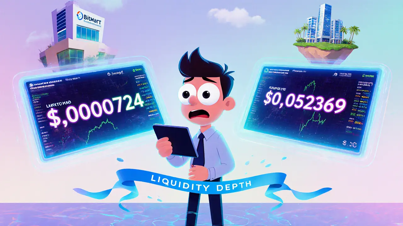 Cartoon trader looking at two glowing screens showing wildly different FLOKITA prices, emphasizing market data disparity.