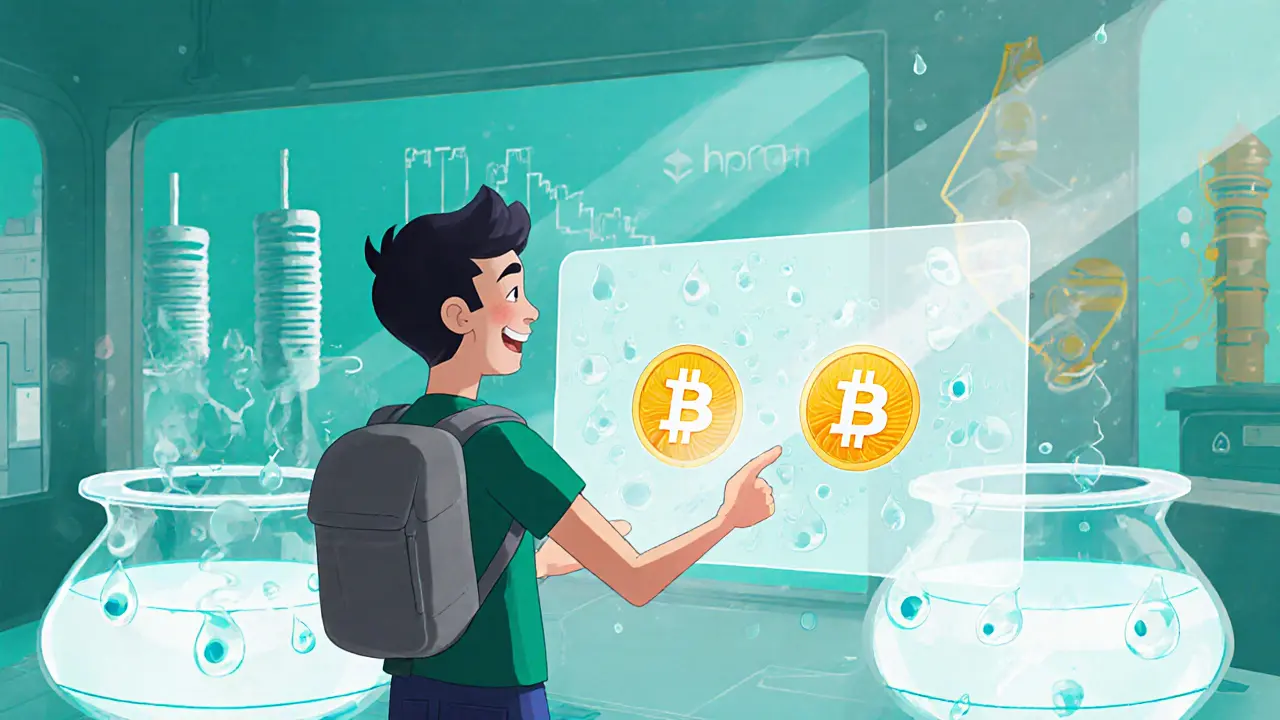 Cartoon user swapping HPB and HPD tokens with glowing liquidity pool vats and validator towers.