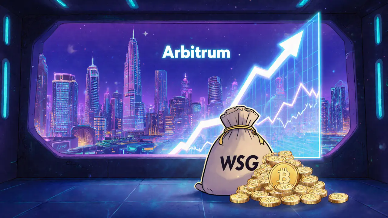Character holding a bag of WSG tokens with a rising holographic chart in a futuristic lounge.