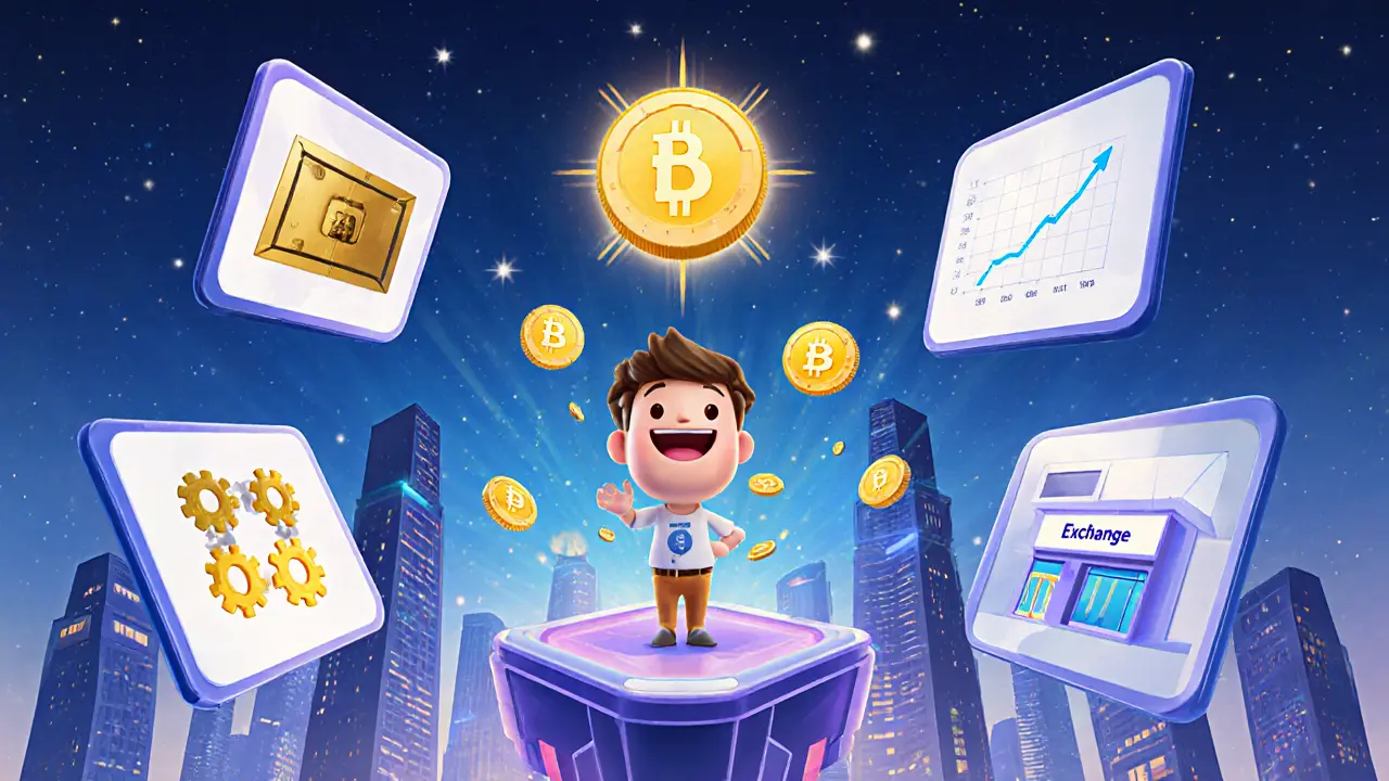 Character reviewing options to stake, provide liquidity, hold, or trade FLTY tokens.