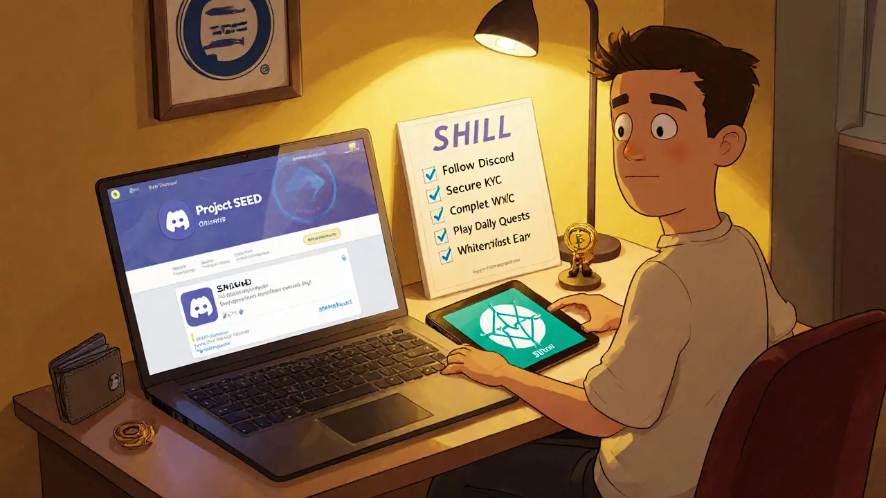 Cozy desk scene showing a character checking Discord, wallet, and checklist for a SHILL drop.