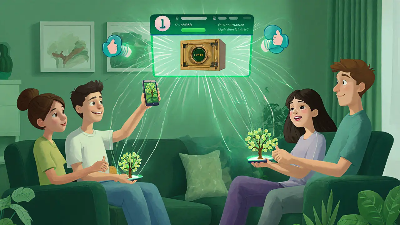 Diverse players connect through glowing holographic trees and a digital treasury, united by eco-friendly gaming.