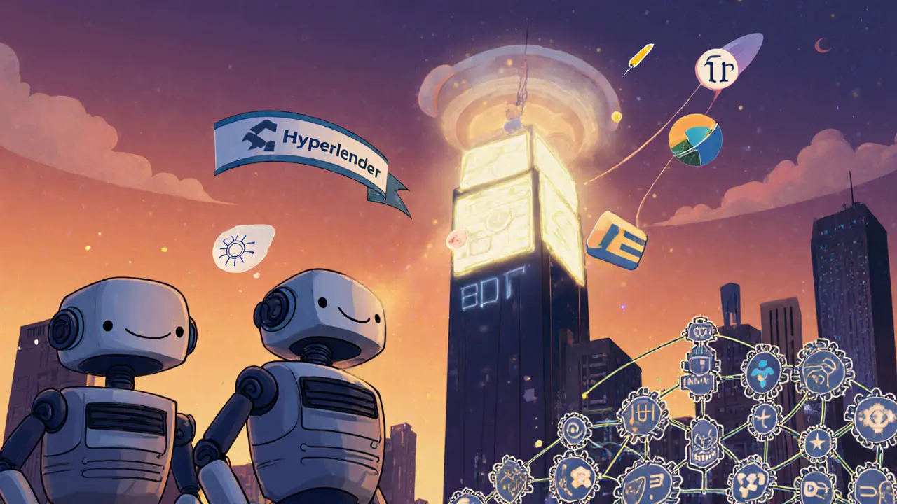 Enterprise city with smiling validator robots protecting a glowing PBFT ledger, icons for Fabric, Tendermint, Kafka.