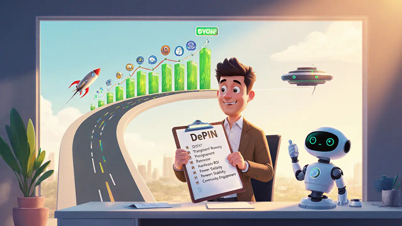 Entrepreneur checks a clipboard beside a roadmap with sensors, rockets, and rising charts.