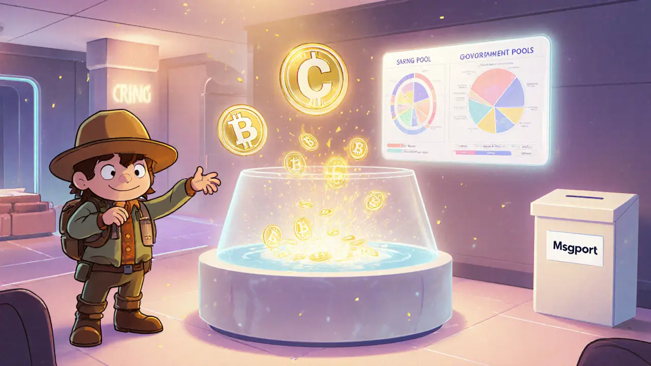 Explorer celebrating CRING claim, staking tokens and using them for Msgport in a futuristic lounge.