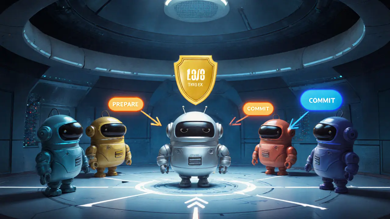 Five friendly robot validators exchanging glowing bubbles to illustrate pre‑prepare, prepare, and commit phases.