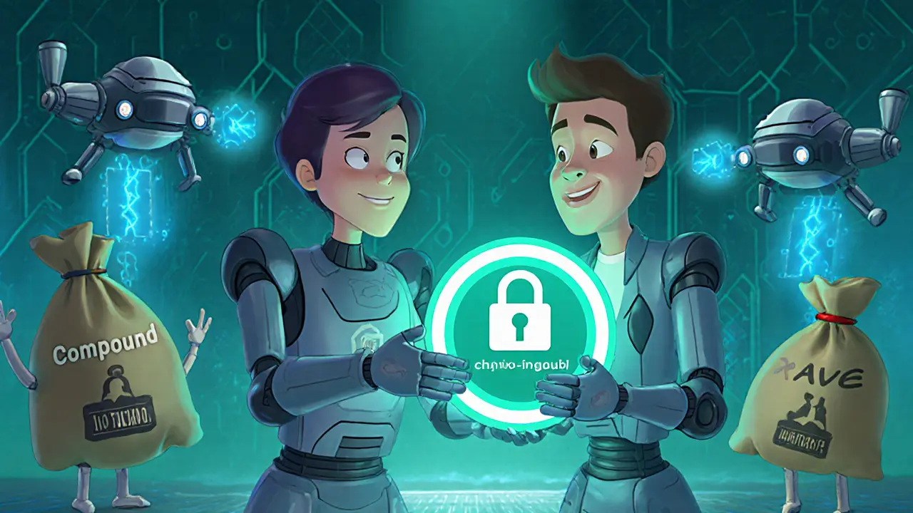 Friendly robot giving a turquoise NFT badge to a trader, with Compound and Aave vaults providing coins.