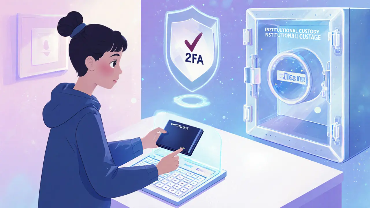 Person uses a hardware wallet with holographic 2FA shield and whitelist icons.
