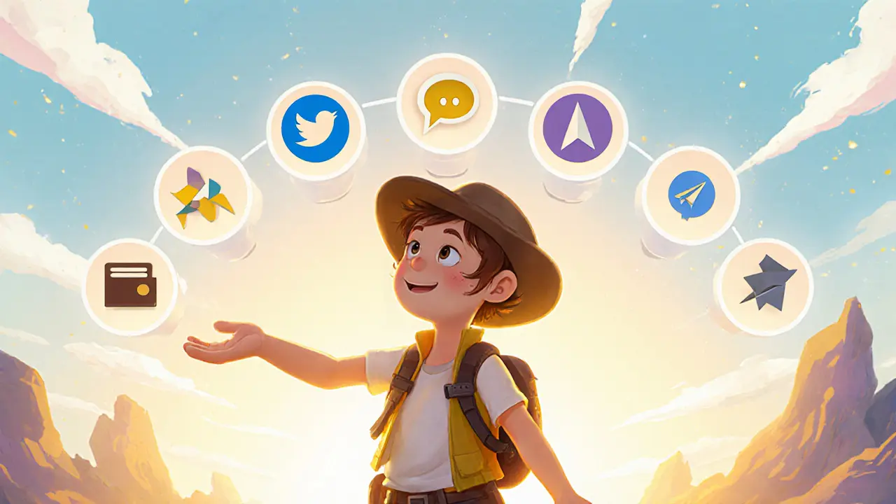 Pixar‑style character completing nine social verification steps with floating icons.