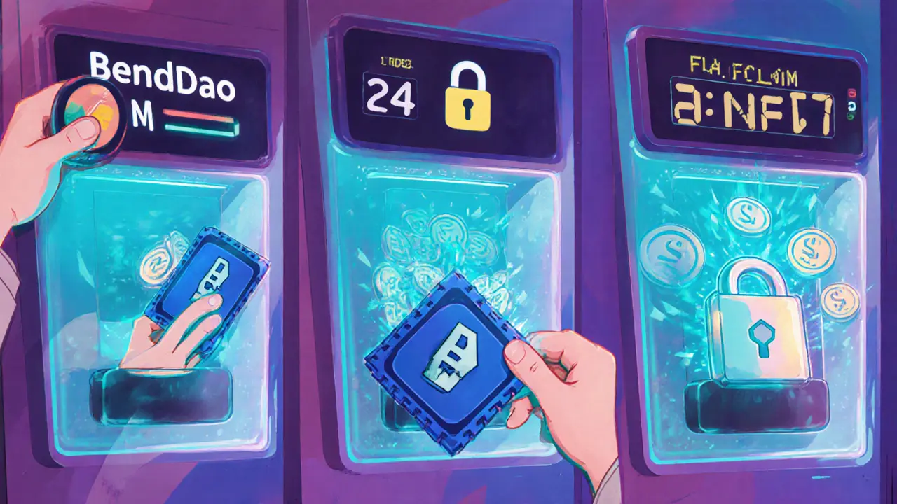 Pixar‑style illustration of a user depositing an NFT, receiving a bound NFT, ETH coins, and a 24‑hour timer with flash‑claim action.