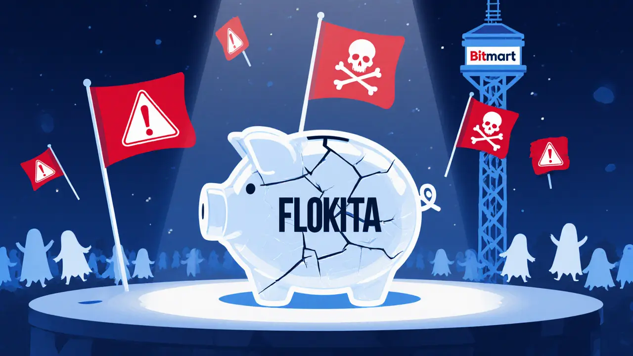 Pixar‑style illustration of warning signs and a cracked piggy bank labeled FLOKITA, illustrating liquidity and risk concerns.