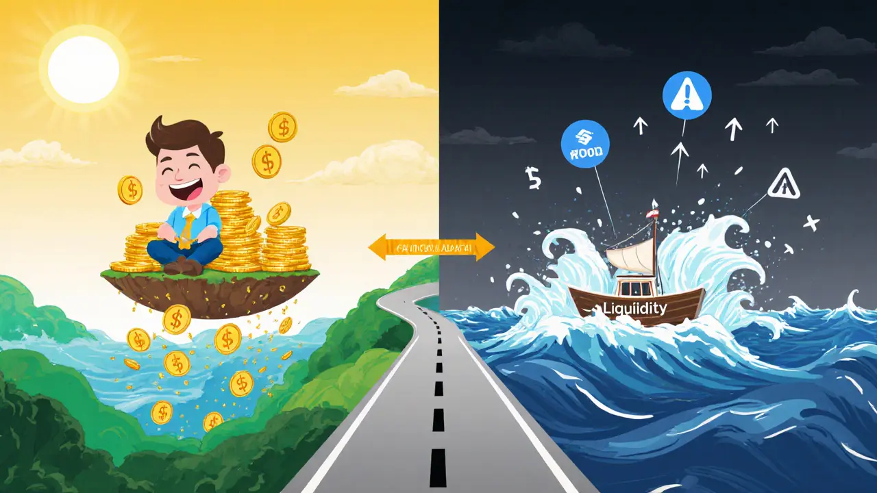 Split scene: happy trader with $FODL rewards on left, stormy low‑liquidity sea on right, road toward new chains.