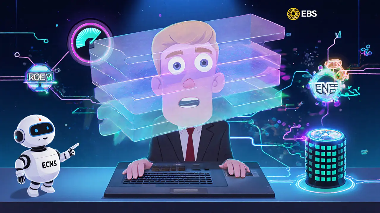 Tech trader viewing a holographic order book with AI robot and neon ECN connections.