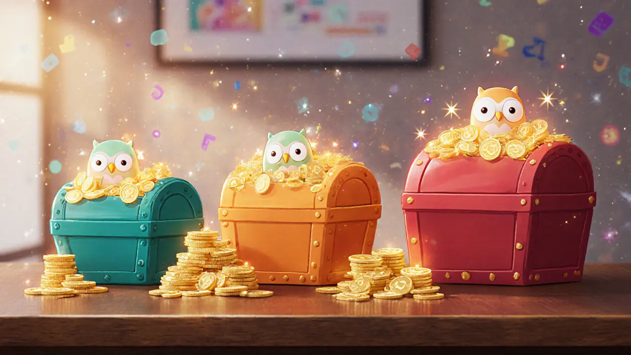 Three colored treasure chests filled with glowing owl tokens illustrating airdrop size comparison.