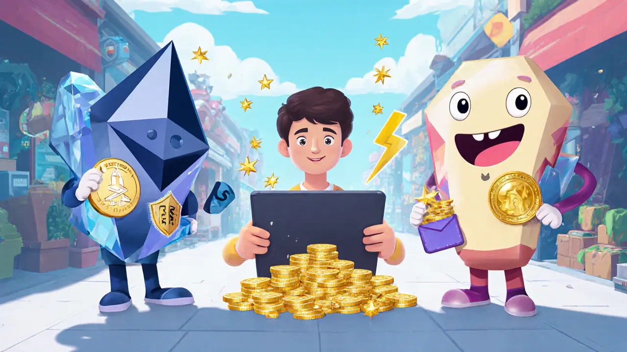 Three mascot characters for Ethereum, Polygon, and Solana surround a creator minting NFTs.