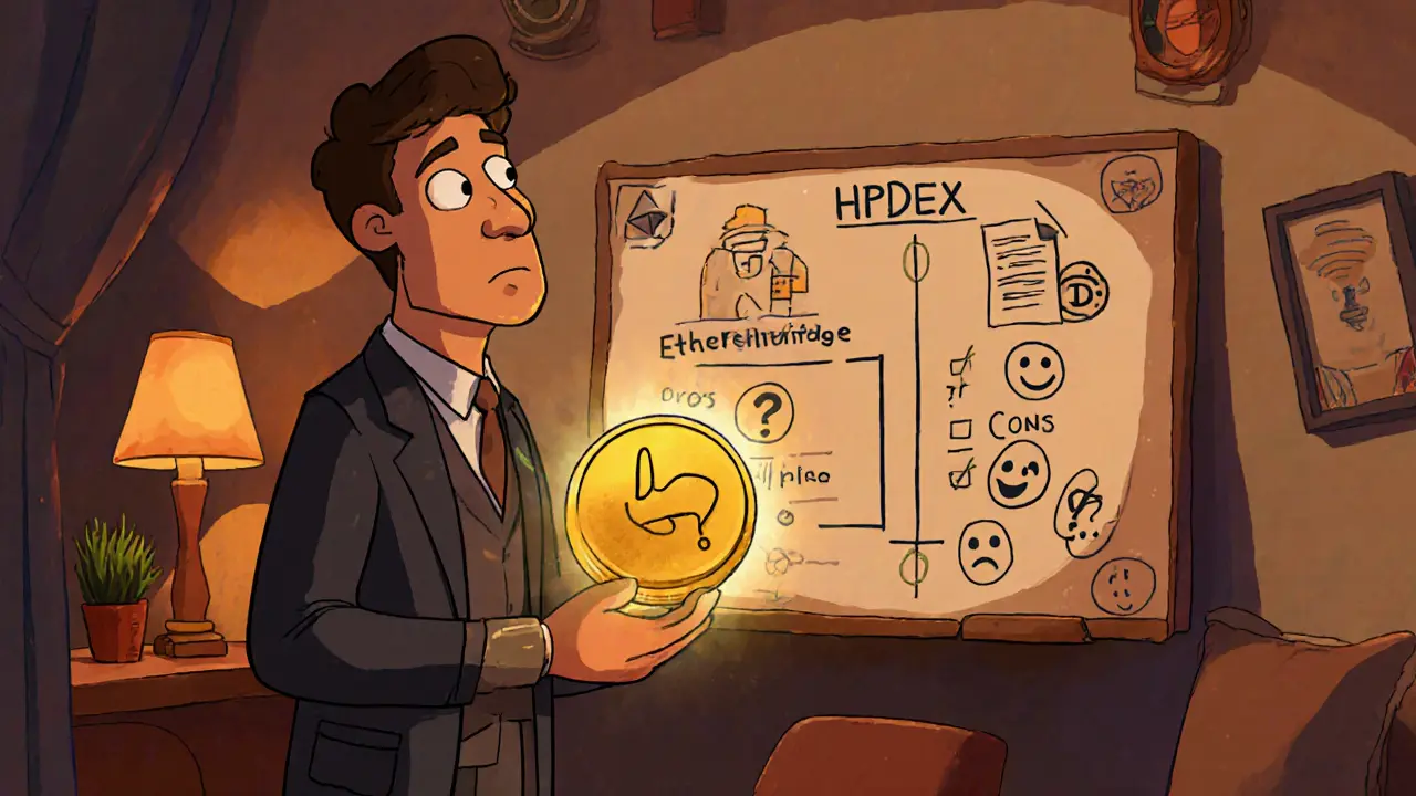 Trader examining a whimsical roadmap with bridge, audit, and pros‑cons icons, holding an HPD token.