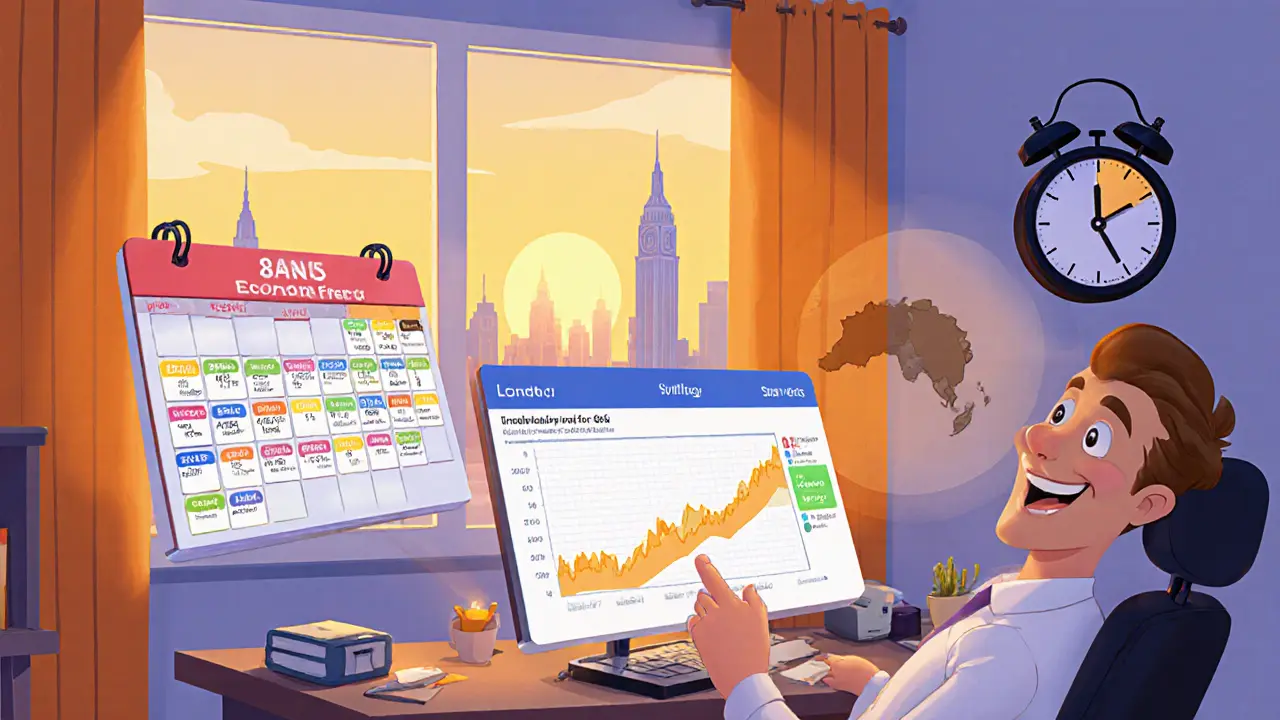 Trader using a calendar, AI forecast, and clock during the London‑New York overlap.