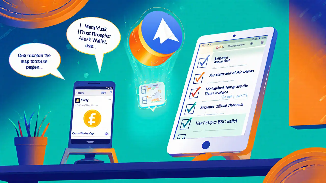 User following Fluity channels, setting up a BSC wallet, and monitoring alerts.
