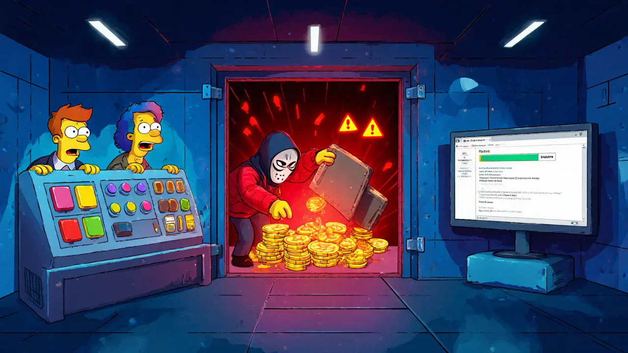 Vault room shows multi‑sig approvals, hot‑wallet alarm, and software patch update.