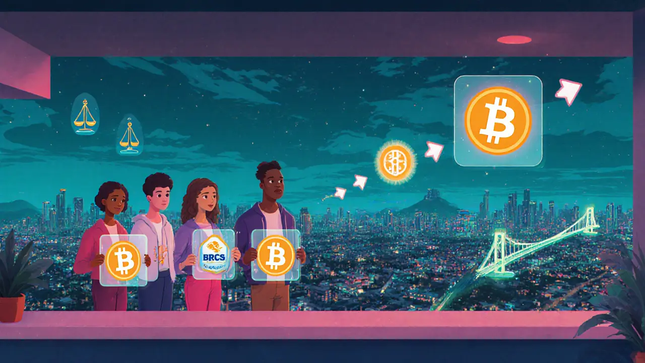 Young people view holographic crypto icons over a futuristic city at dusk.