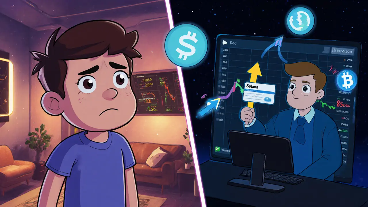 A beginner watches a live crypto trade on screen while the trader executes it, surrounded by floating crypto icons.