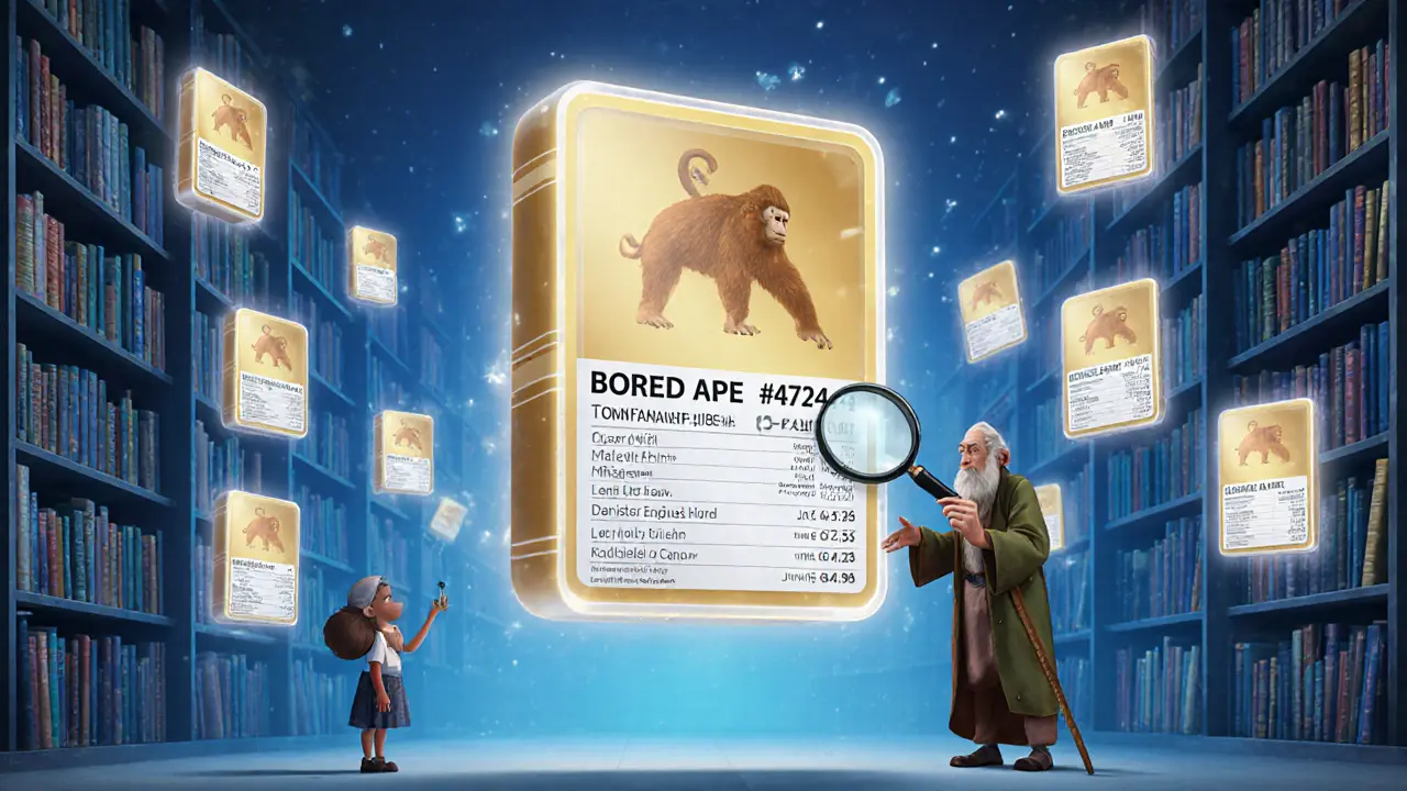 A child and artist examine a Bored Ape NFT in a digital library filled with floating ownership histories.