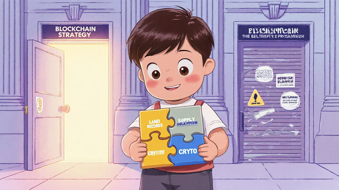 A child holding a blockchain puzzle as a government building shows contrasting doors.