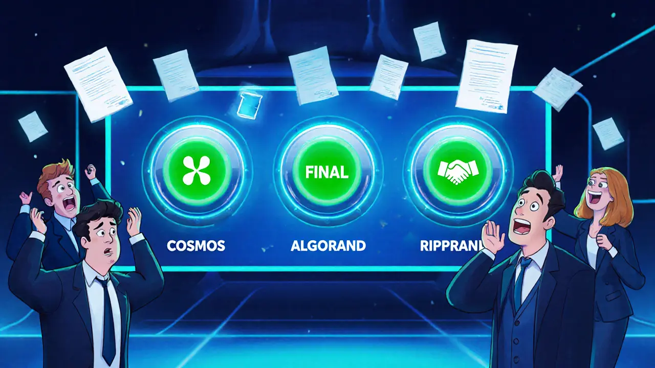 A control panel with levers for deterministic blockchains, one flipped to &#039;FINAL&#039; with glowing light and happy users.